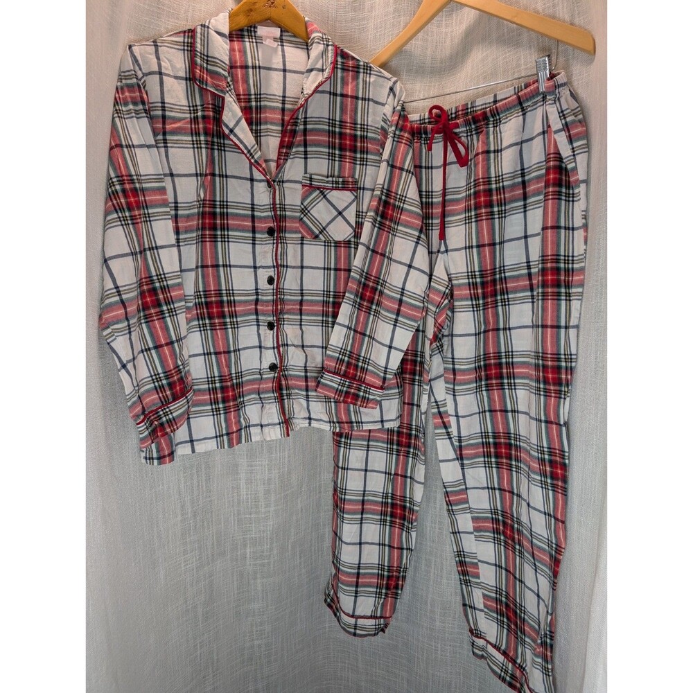 Wondershop Pajama Set Womens XL White & Red Plaid Long Sleeve 100% Cotton